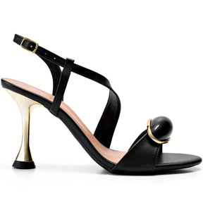 Sandália Feminina Salto Fino Alto Metalizado com Enfeite Frontal Preta