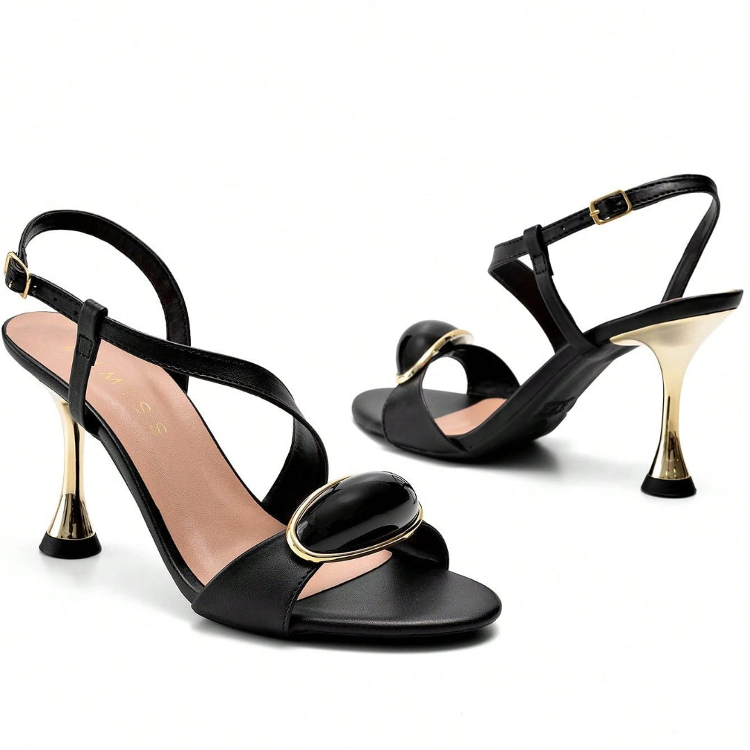 Sandália Feminina Salto Fino Alto Metalizado com Enfeite Frontal Preta