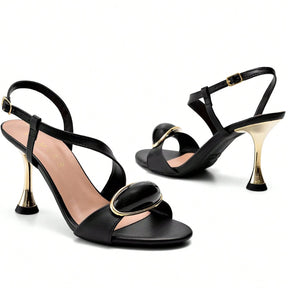 Sandália Feminina Salto Fino Alto Metalizado com Enfeite Frontal Preta