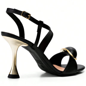 Sandália Feminina Salto Fino Alto Metalizado com Enfeite Frontal Preta