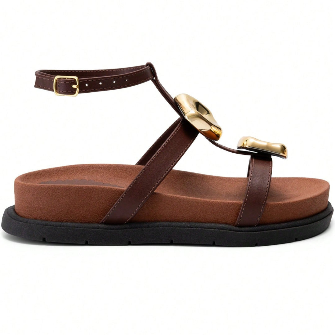 Sandália Papete Feminina Enfeite Metalizado e Fechamento no Tornozelo Marrom