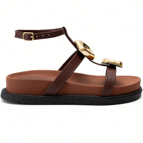 Sandália Papete Feminina Enfeite Metalizado e Fechamento no Tornozelo Marrom