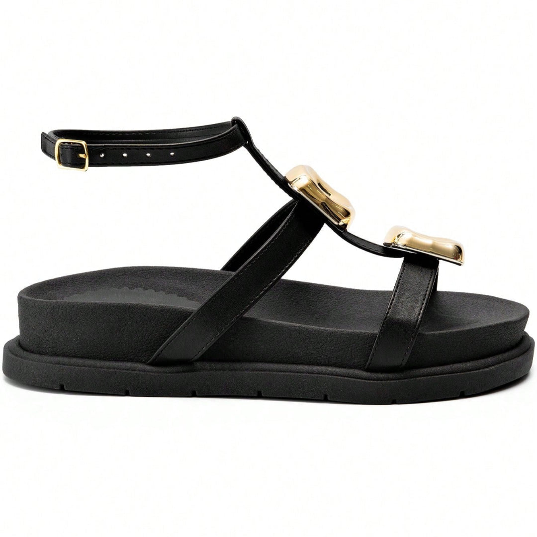 Sandália Papete Feminina Enfeite Metalizado e Fechamento no Tornozelo Preta