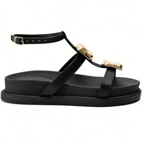 Sandália Papete Feminina Enfeite Metalizado e Fechamento no Tornozelo Preta