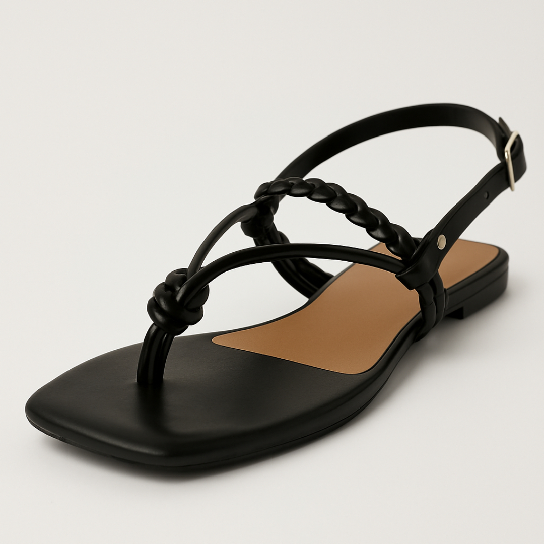 Sandália Rasteira Dedinho com Regulagem e Tiras Trançadas Preta