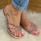 Sandália Rasteira Feminina 2 em 1 com Strass Colorido Dourada