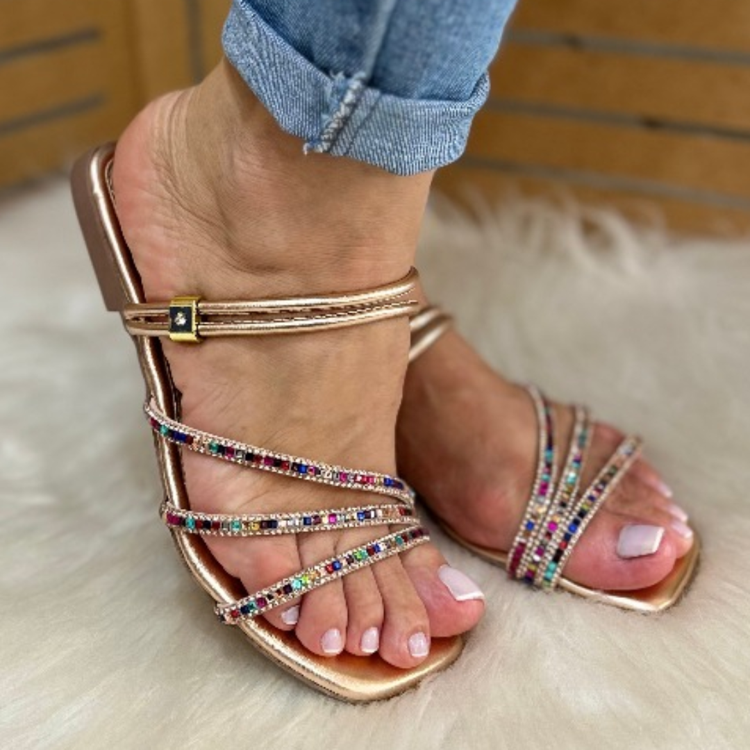 Sandália Rasteira Feminina 2 em 1 com Strass Colorido Dourada