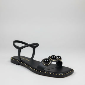 Sandália Rasteira Salto Bloco Baixo com Tira Regulável e Detalhes em Esfera Pedraria