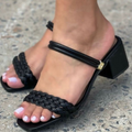 Sandalia Feminina 2 em 1 Salto Bloco e Tiras Trançadas Preta - Use como Tamanco ou Sandália 