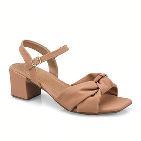Sandalia Feminina Salto Bloco Médio Tiras Cruzada em Nobuck Bege