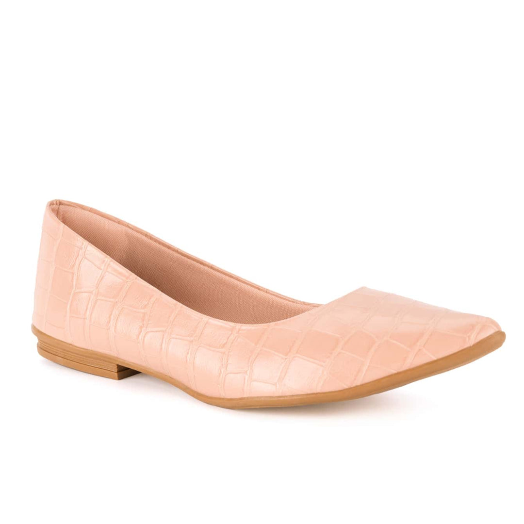 Sapatilha Feminina Bico Fino Textura Croco Confortável Bege