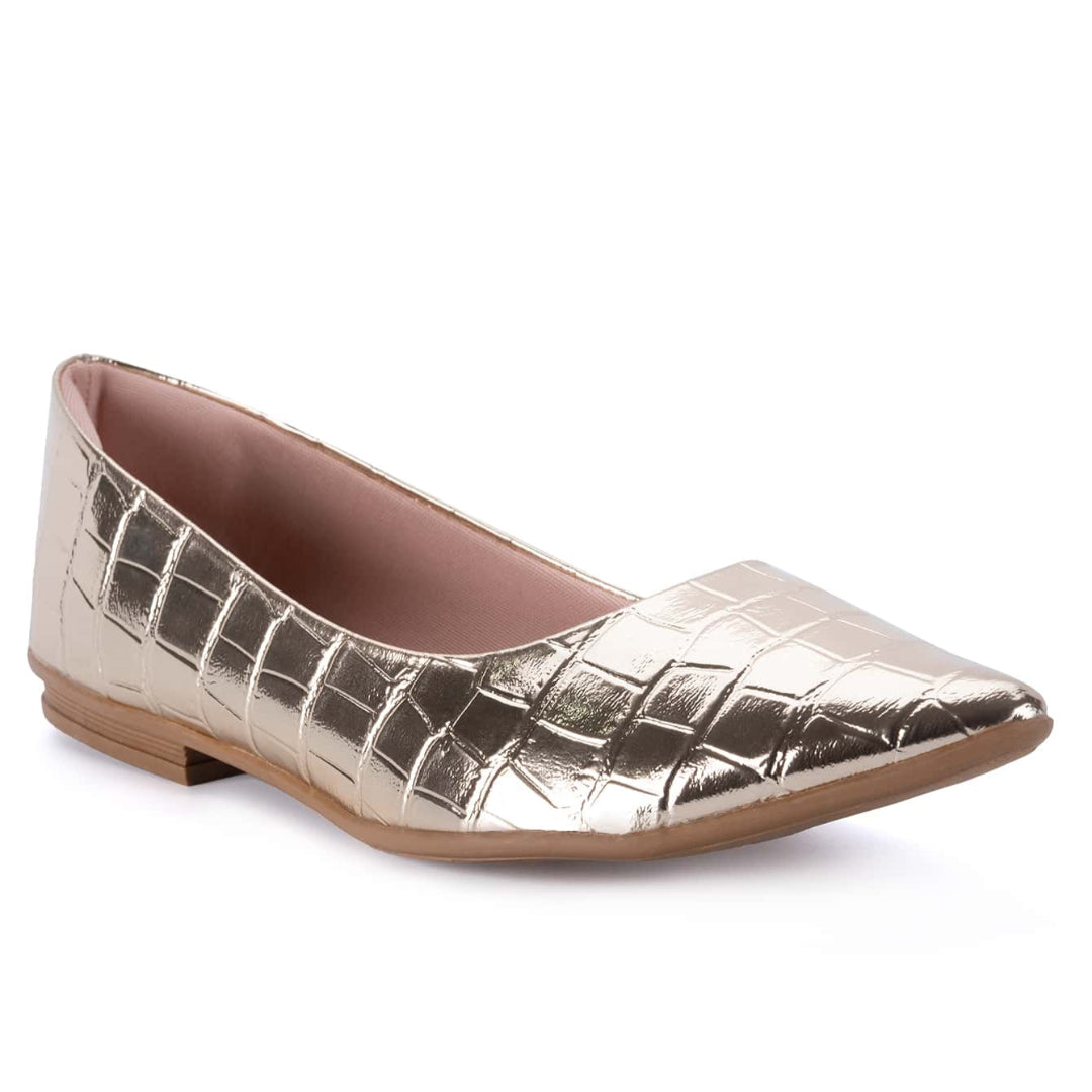 Sapatilha Feminina Bico Fino Textura Croco Confortável Dourada