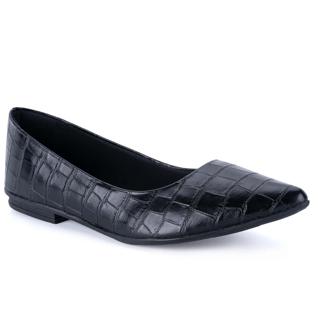 Sapatilha Feminina Bico Fino Textura Croco Confortável Preta