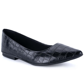 Sapatilha Feminina Bico Fino Textura Croco Confortável Preta