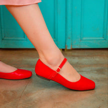 Sapatilha Feminina Boneca Bico Quadrado Mary Jane Vermelha