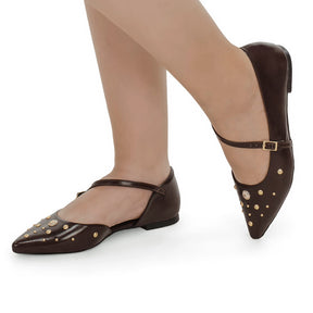Sapatilha Feminina Mary Jane Bico Fino com Fivela e Aplicações Decorativas Café