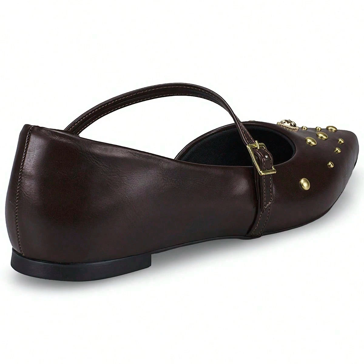 Sapatilha Feminina Mary Jane Bico Fino com Fivela e Aplicações Decorativas Café