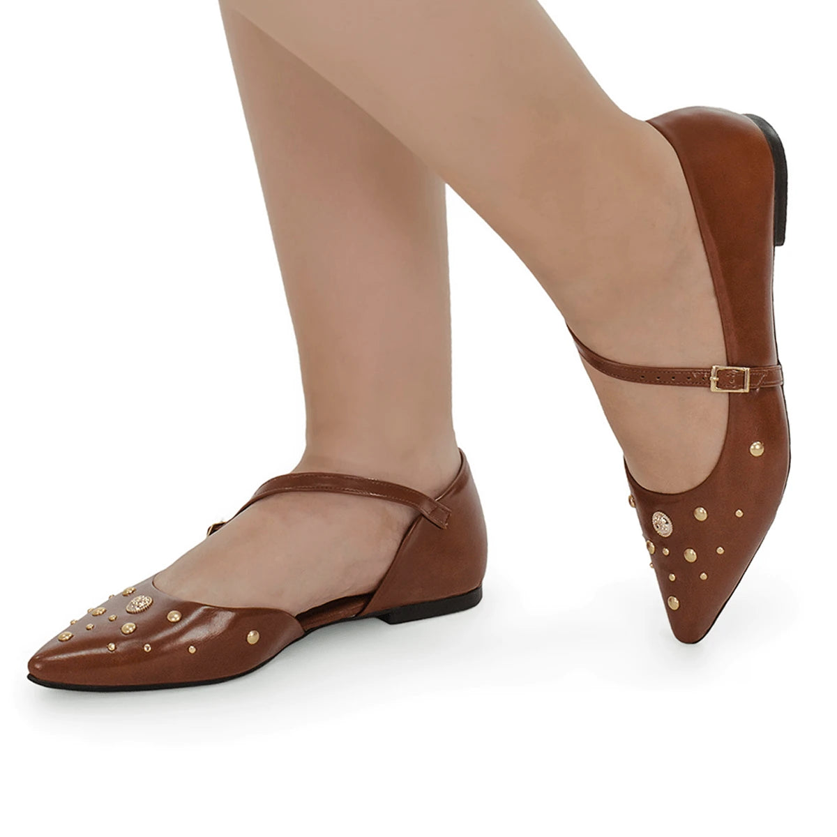 Sapatilha Feminina Mary Jane Bico Fino com Fivela e Aplicações Decorativas Caramelo