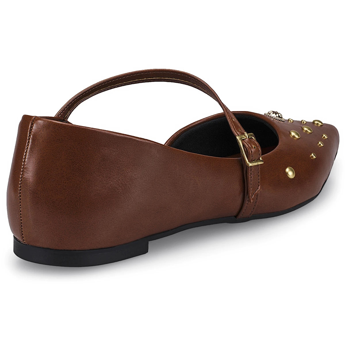 Sapatilha Feminina Mary Jane Bico Fino com Fivela e Aplicações Decorativas Caramelo