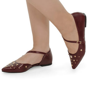 Sapatilha Feminina Mary Jane Bico Fino com Fivela e Aplicações Decorativas Marsala