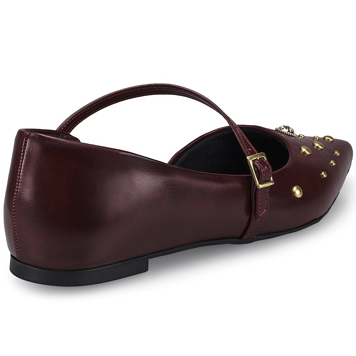 Sapatilha Feminina Mary Jane Bico Fino com Fivela e Aplicações Decorativas Marsala