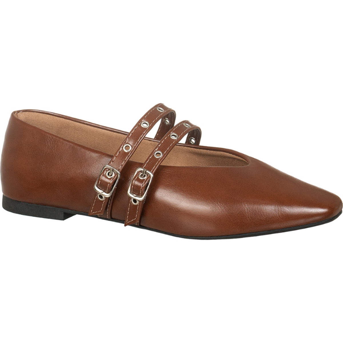 Sapatilha Feminina Mary Jane Bico Quadrado Tira Dupla com Fivelas e Recorte V Caramelo