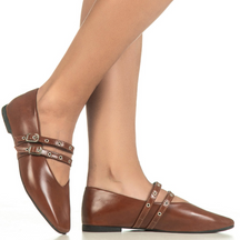 Sapatilha Feminina Mary Jane Bico Quadrado Tira Dupla com Fivelas e Recorte V Caramelo