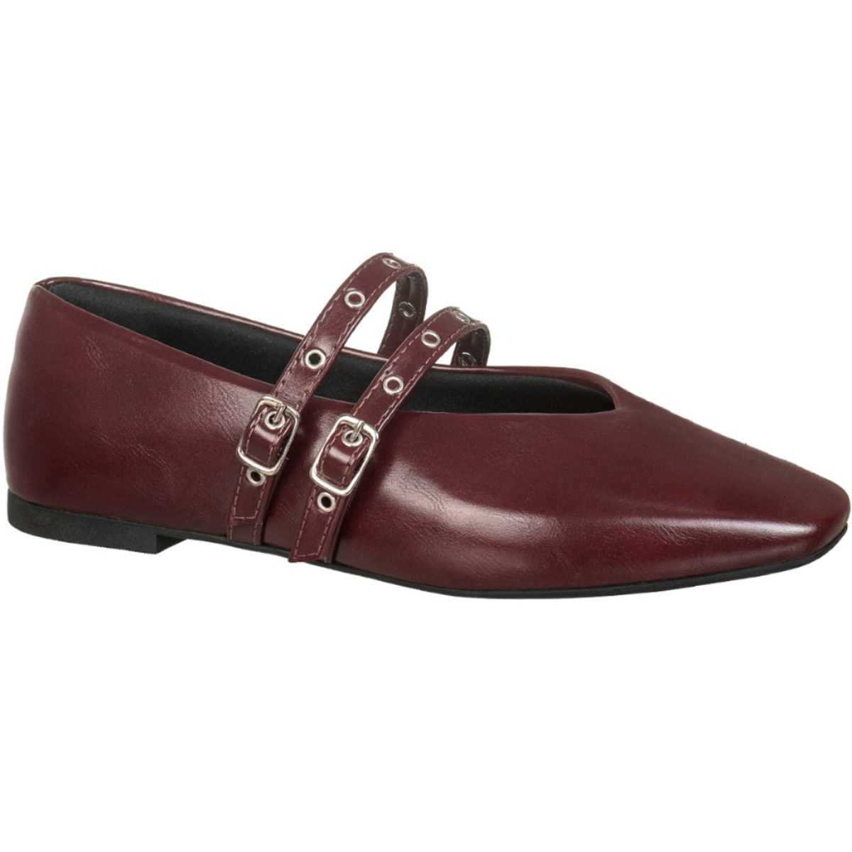 Sapatilha Feminina Mary Jane Bico Quadrado Tira Dupla com Fivelas e Recorte V Marsala