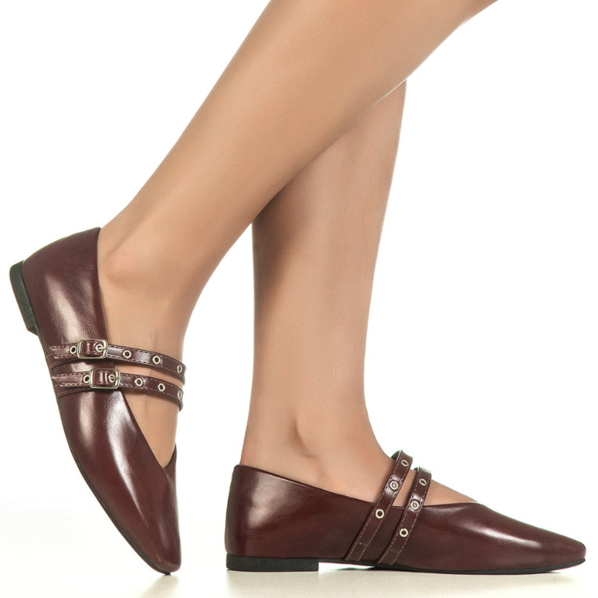 Sapatilha Feminina Mary Jane Bico Quadrado Tira Dupla com Fivelas e Recorte V Marsala