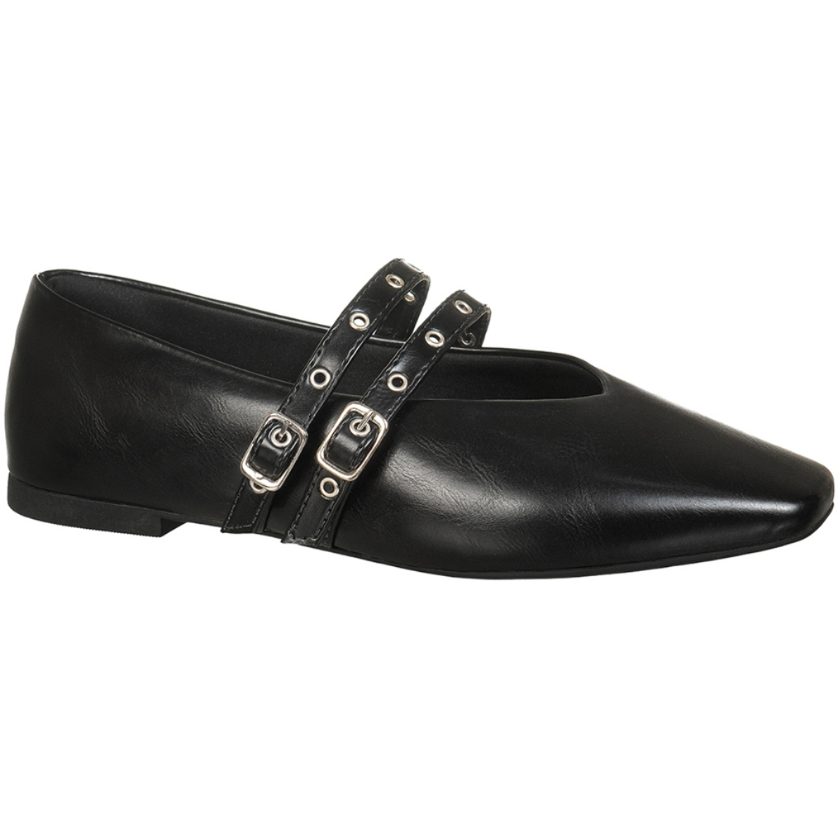 Sapatilha Feminina Mary Jane Bico Quadrado Tira Dupla com Fivelas e Recorte V Preto