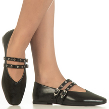 Sapatilha Feminina Mary Jane Bico Quadrado Tira Dupla com Fivelas e Recorte V Preto