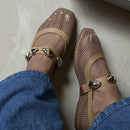Sapatilha Feminina Mary Jane Telinha com Apliques Dourado Caramelo