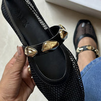 Sapatilha Feminina Mary Jane Telinha com Apliques Dourado Preta