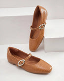Sapatilha Feminina Mary Jane Texturizada com Fivela Oval Caramelo