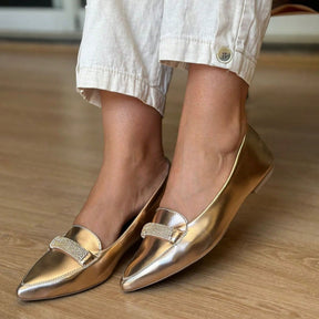 Sapatilha Feminina Mocassim Bico Fino com Strass Dourada