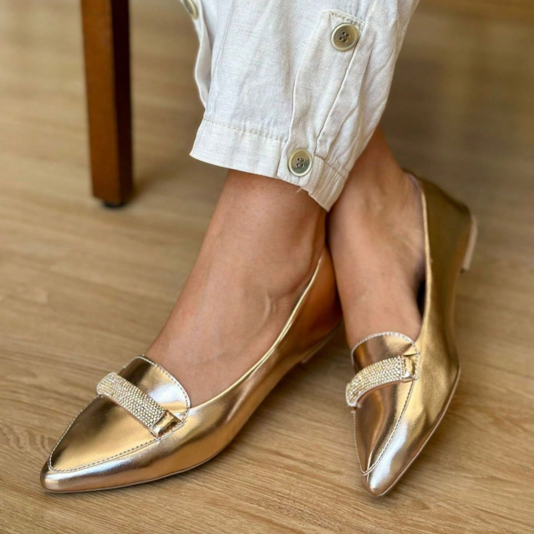 Sapatilha Feminina Mocassim Bico Fino com Strass Dourada