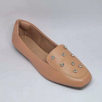 Sapatilha Feminina Mocassim Bico Quadrado com Brilho Ponto de Luz Bege