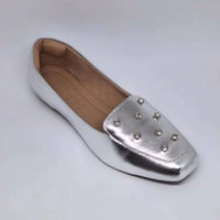 Sapatilha Feminina Mocassim Bico Quadrado com Brilho Ponto de Luz Prata