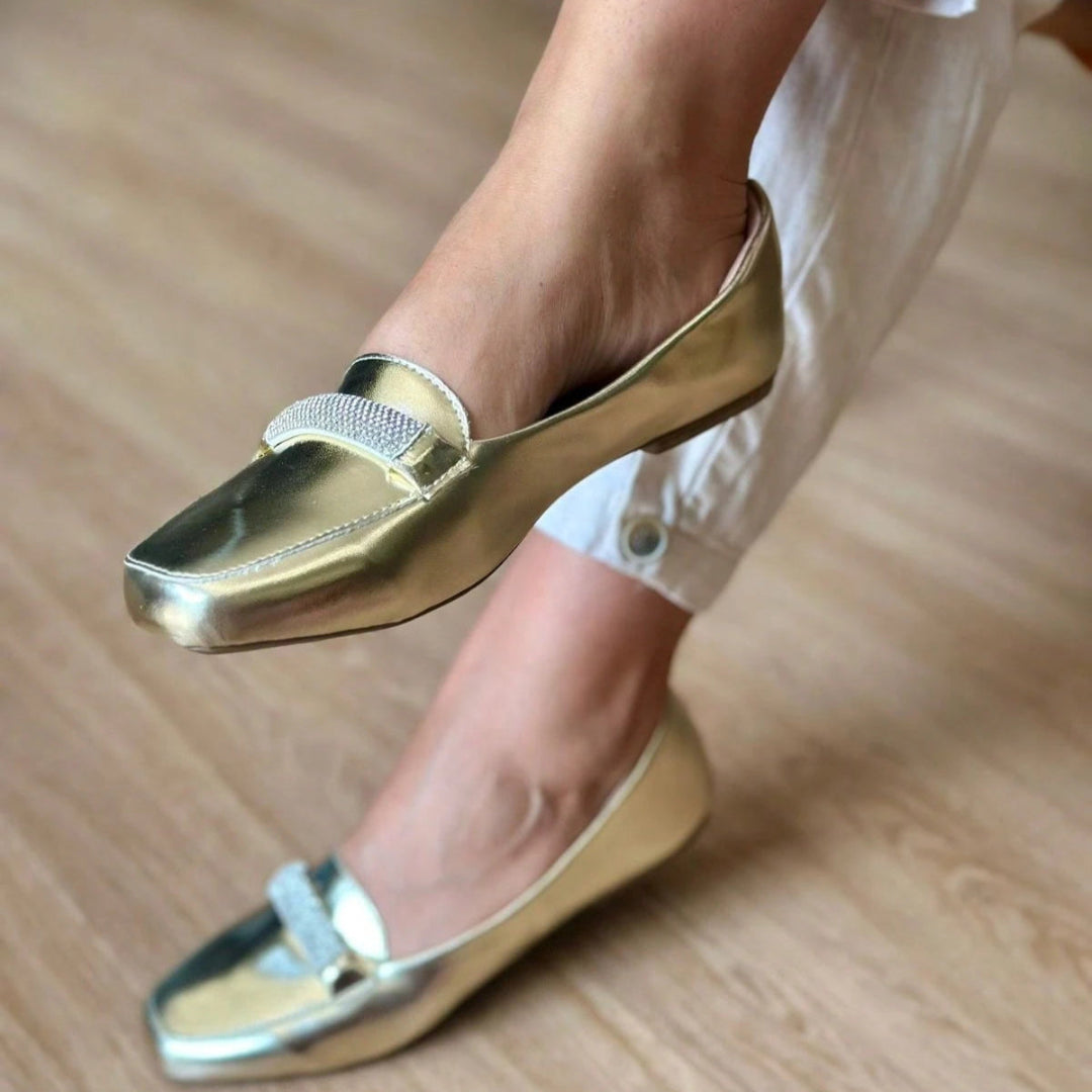 Sapatilha Feminina Mocassim Bico Quadrado com Strass Dourada