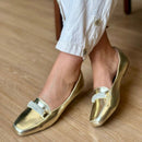 Sapatilha Feminina Mocassim Bico Quadrado com Strass Dourada