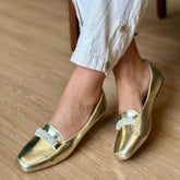 Sapatilha Feminina Mocassim Bico Quadrado com Strass Dourada