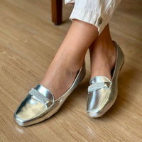 Sapatilha Feminina Mocassim Bico Quadrado com Strass Prata