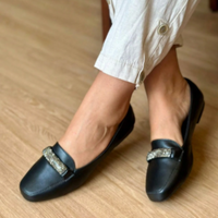 Sapatilha Feminina Mocassim Bico Quadrado com Strass Preto