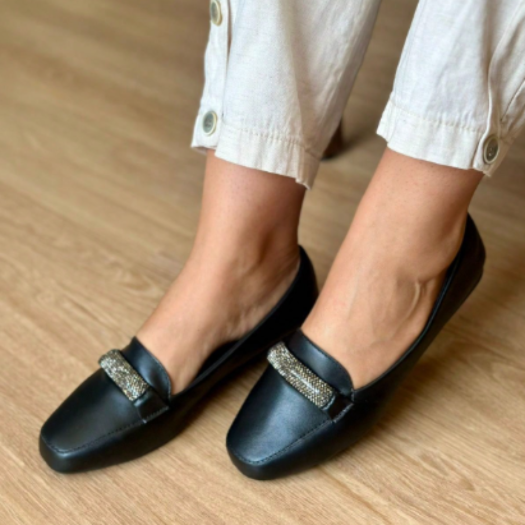 Sapatilha Feminina Mocassim Bico Quadrado com Strass Preto