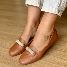 Sapatilha Feminina Mocassim Bico Quadrado com Strass Caramelo