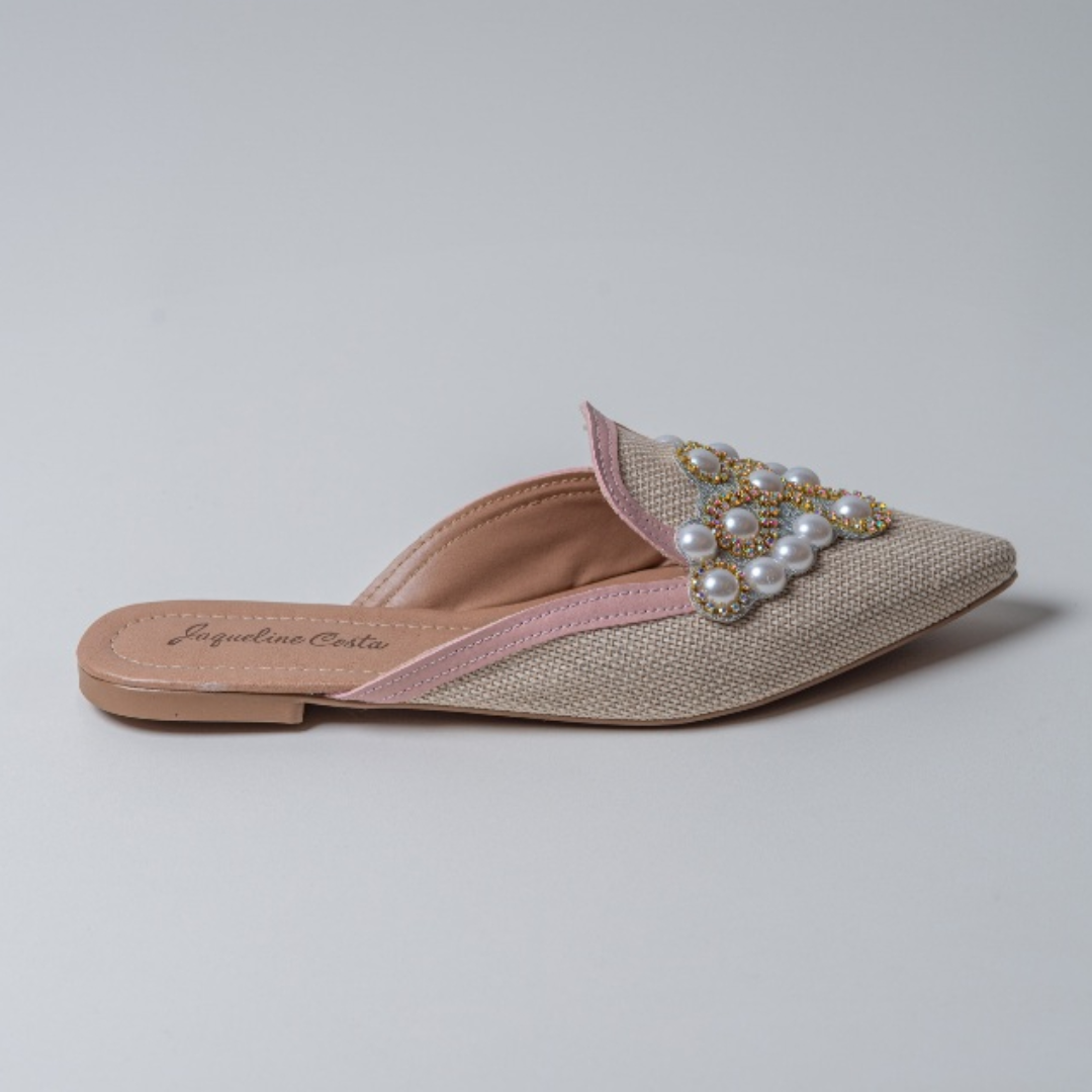 Sapatilha Feminina Mule Bico Fino Pedraria Strass Bege