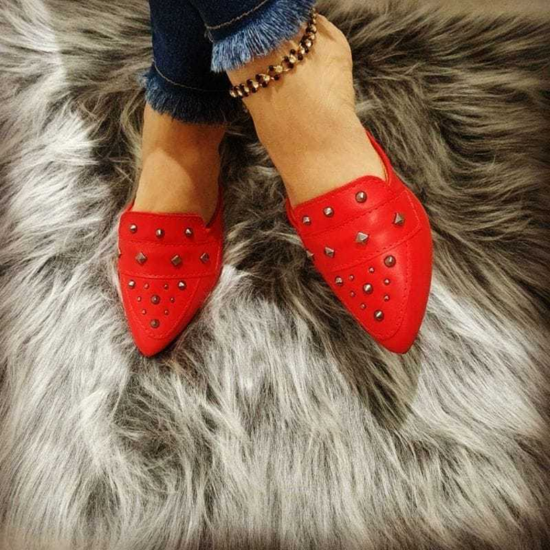 Sapatilha Feminina Mule Bico Fino com Taxas Vermelho