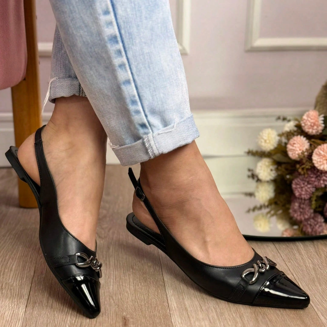 Sapatilha Feminina Slingback Bico Fino com Correntes 