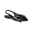 Sapatilha Feminina Slingback Bico Fino com Enfeite Laço e Aplique Metalizado Preta