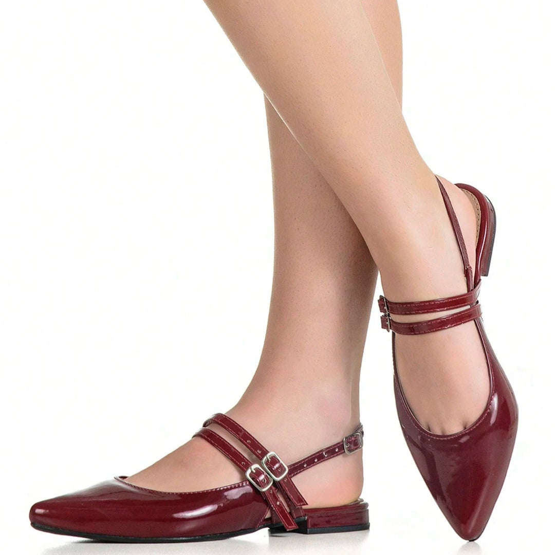 Sapatilha Feminina Slingback Bico Fino com Fivelas Social Casual Marsala